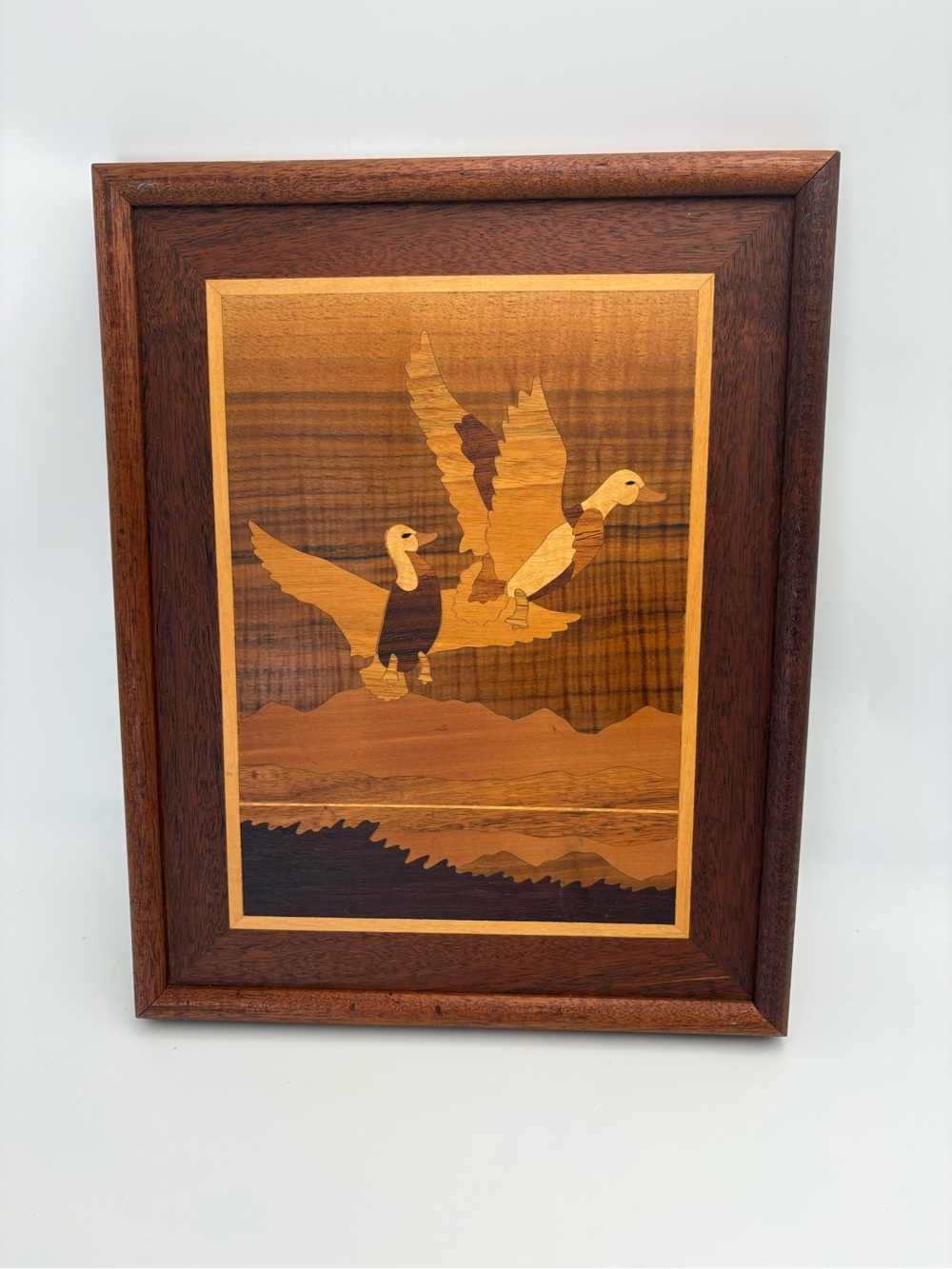 Vintage Marqetry Wood Inlay Ducks In Flight Wall Art - Warm Wood Tones